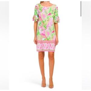 Pappagallo Erika Ruffle Sleeve Pink Green Floral Resort Shift Dress M